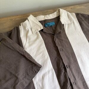 Paradise Blue Men's XL Brown‎ Cream Hawaiian Silk Short Sleeve Button Up Shirt